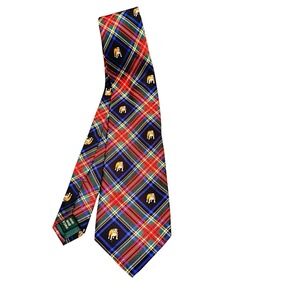 LAUREN RALPH LAUREN Plaid English Bulldog Print Hand Made Silk Tie